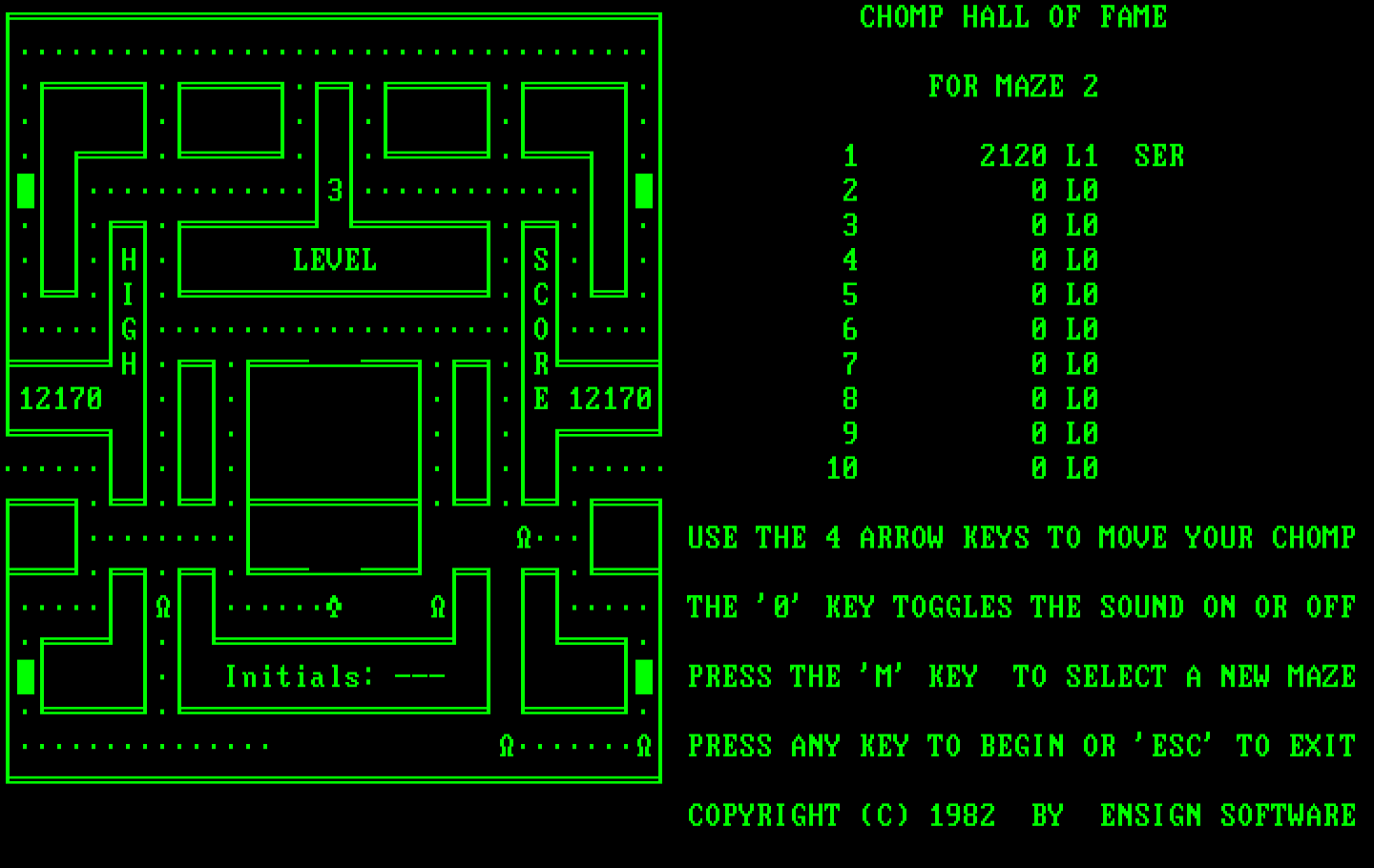 Chomps IBM PC/Compatibles Screenshot: Game over; enter your initials for the high scores!