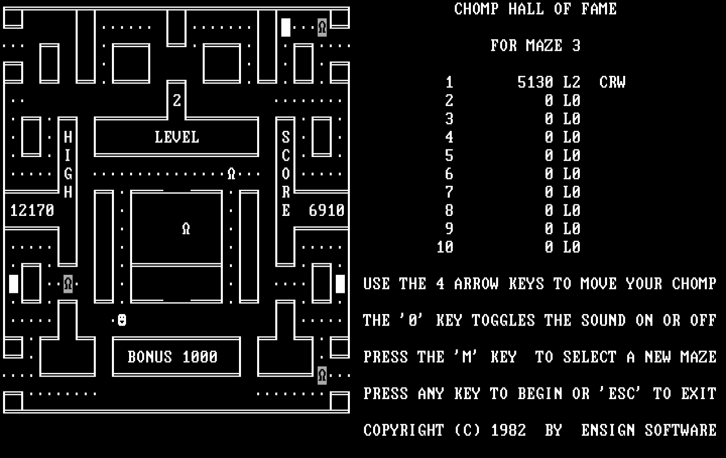 Chomps IBM PC/Compatibles Screenshot: 1000 point bonus for picking up an item!