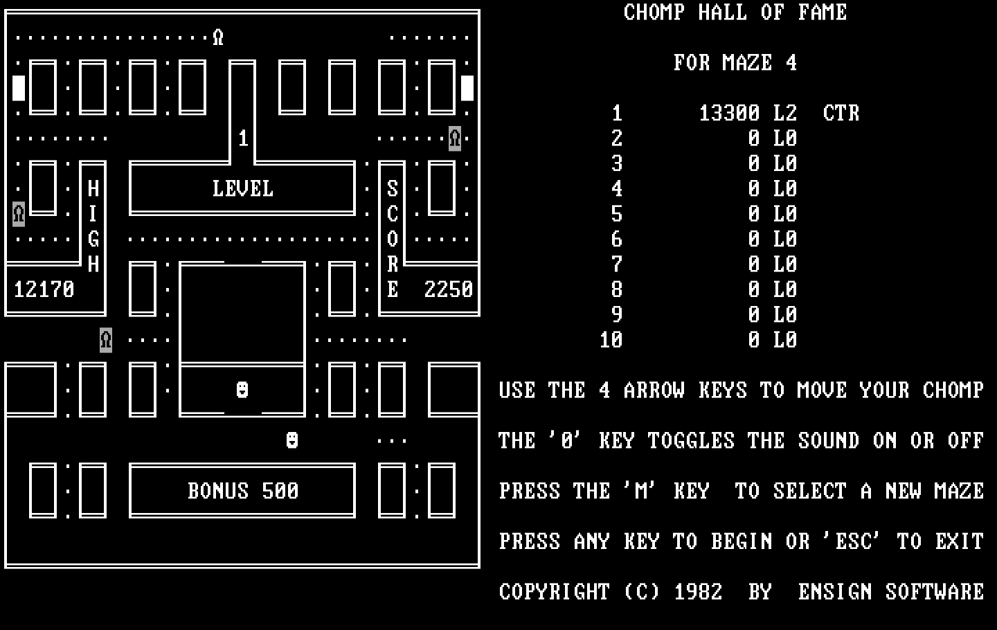 Chomps IBM PC/Compatibles Screenshot: Trying to clear all of the dots...