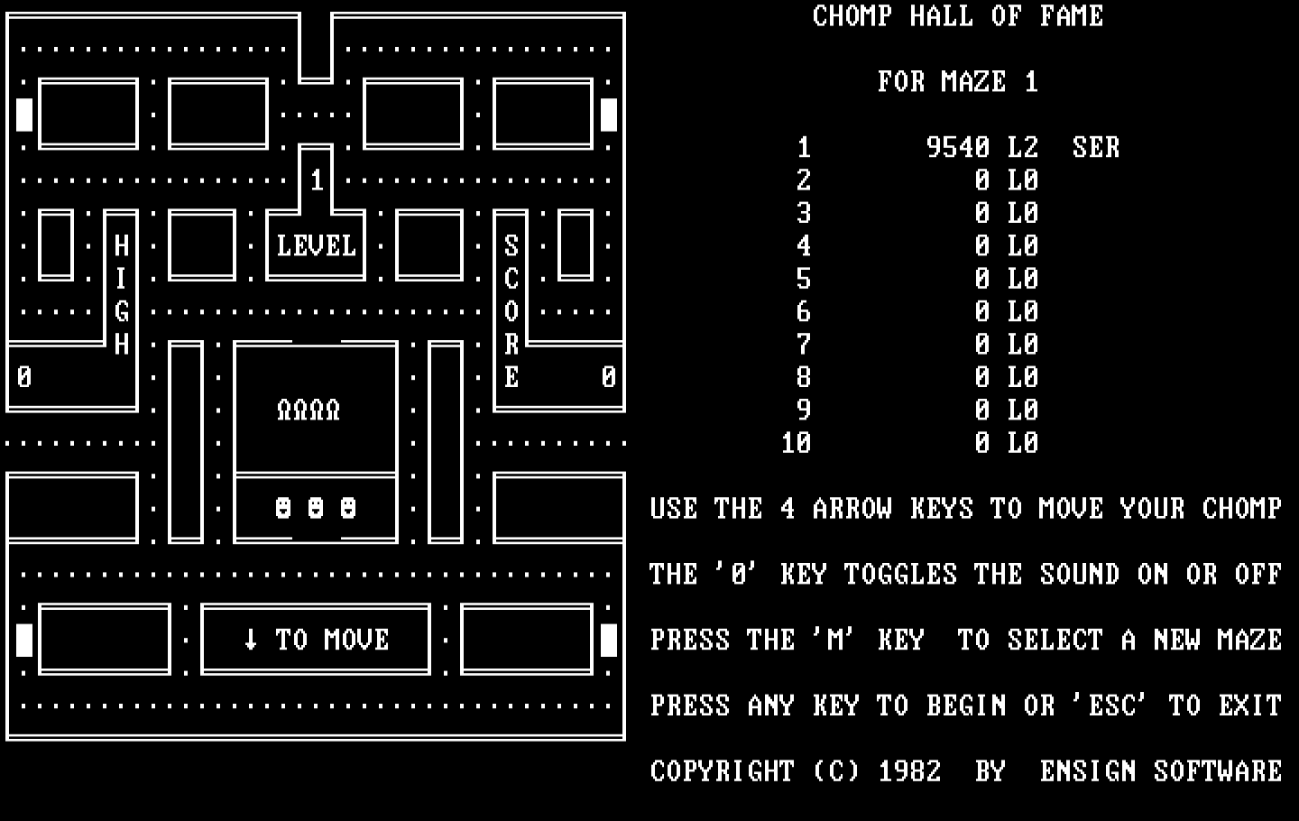 Chomps IBM PC/Compatibles Screenshot: The instructions and game board are side by side in the monochrome version.