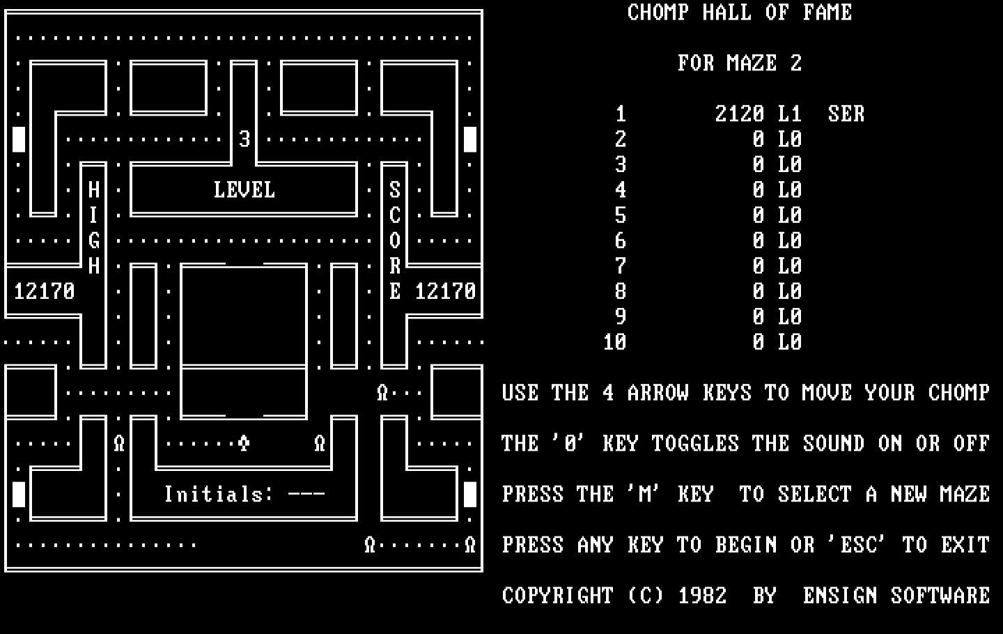 Chomps IBM PC/Compatibles Screenshot: Game over; enter your initials for the high scores!