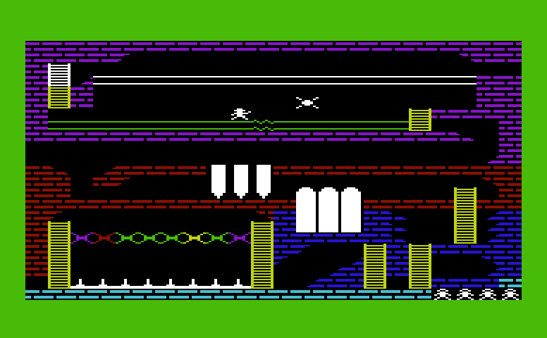 Zorgon's Kingdom Commodore VIC-20 Screenshot: Avoid the electro-bombs when running along the wires.