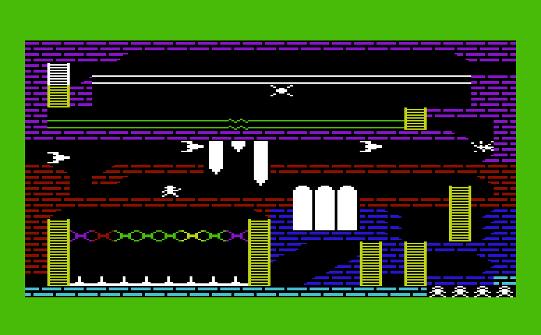 Zorgon's Kingdom Commodore VIC-20 Screenshot: Don't get hit by rockets or crushed by pipes!