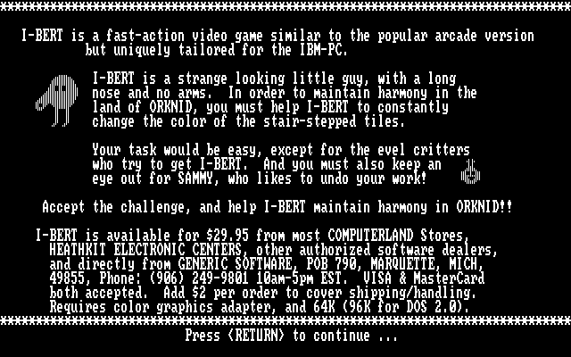 I-Bert IBM PC/Compatibles Screenshot: Game instructions.