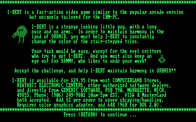 I-Bert IBM PC/Compatibles Screenshot: Game instructions.