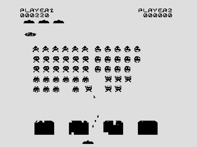 High Resolution Invaders ZX81 / Timex Sinclair 1000 Screenshot: The firing rate can be set allowing the player or the aliens to have more or less shots at one time...
