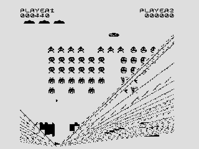 High Resolution Invaders ZX81 / Timex Sinclair 1000 Screenshot: Uh no, I've been hit!