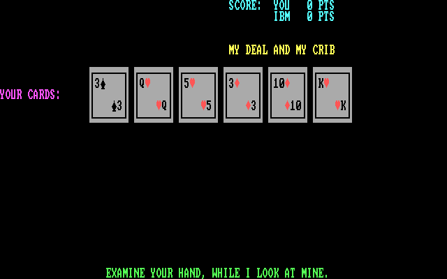 Cribbage IBM PC/Compatibles Screenshot: Examining the cards