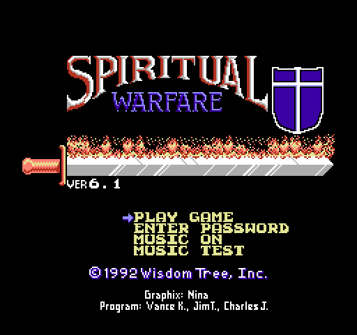 Spiritual Warfare NES / Famicom Screenshot: Title screen and main menu.