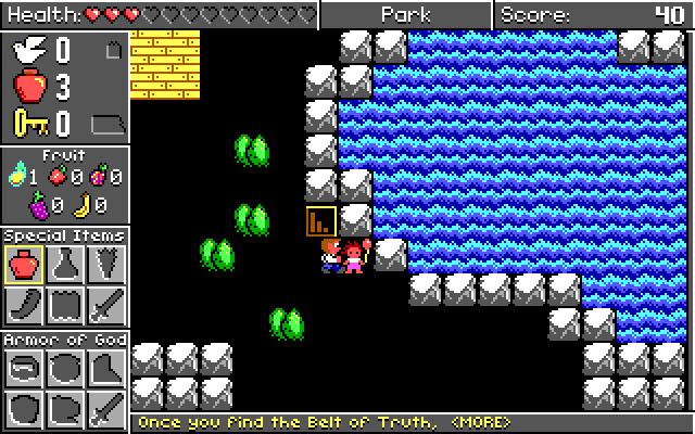 Spiritual Warfare IBM PC/Compatibles Screenshot: Head down the stairs to find the Belt of Truth.