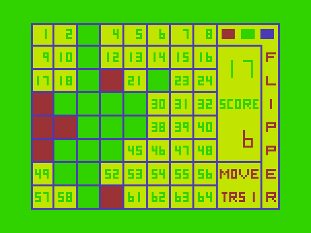 Flipper TRS-80 Color Computer Screenshot: The score flips again, but the computer is calculating another move...
