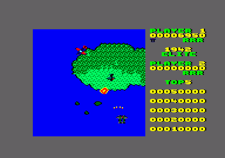 1942 Amstrad CPC Screenshot: Firing with one of the upgraded weapons.