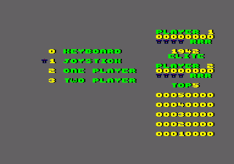 1942 Amstrad CPC Screenshot: The main menu.