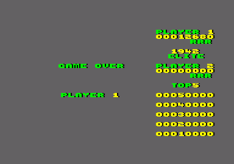 1942 Amstrad CPC Screenshot: Game over.