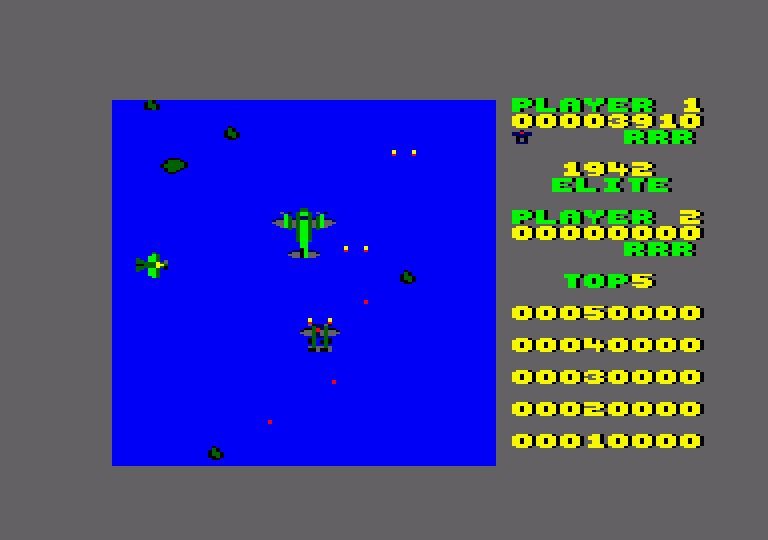 1942 Amstrad CPC Screenshot: These larger planes take multiple shots to destroy.
