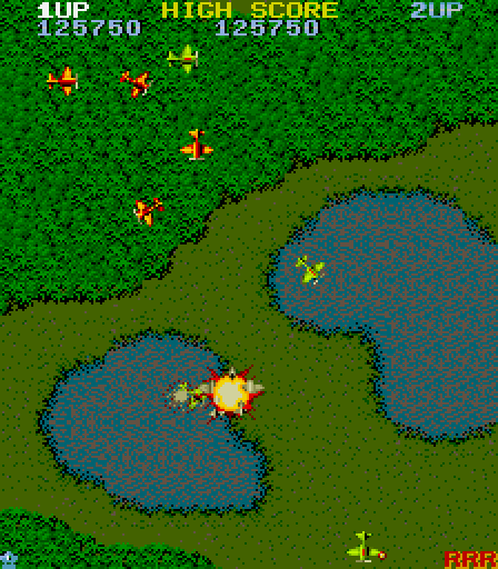 1942 Arcade Screenshot: Hit again, just as a red plane formation appeared.