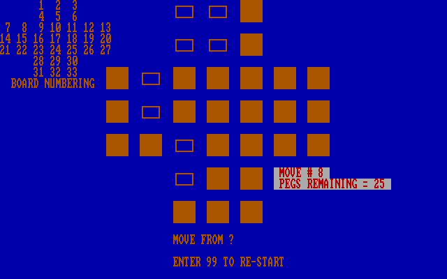 Hique IBM PC/Compatibles Screenshot: A few pegs have been removed; choose the next move carefully!