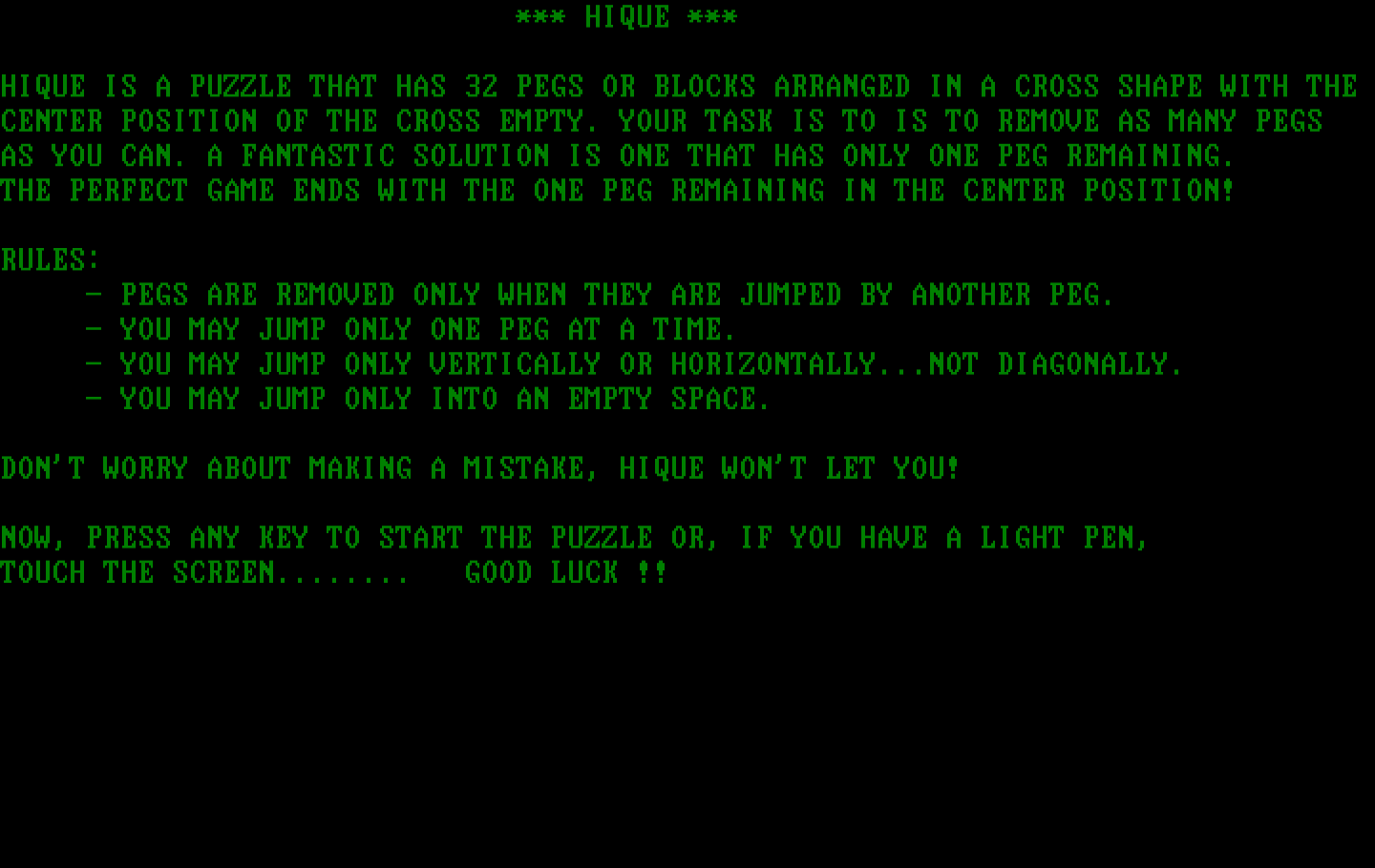 Hique IBM PC/Compatibles Screenshot: Title screen and introduction