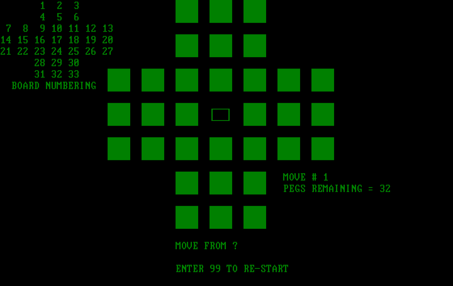 Hique IBM PC/Compatibles Screenshot: Starting a new game; no pegs have been removed yet