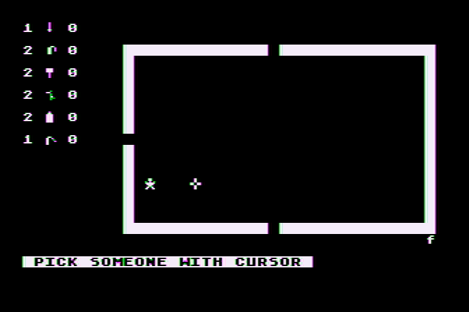 Space Station Zulu Atari 8-bit Screenshot: Room closeup; pick someone with the cursor...