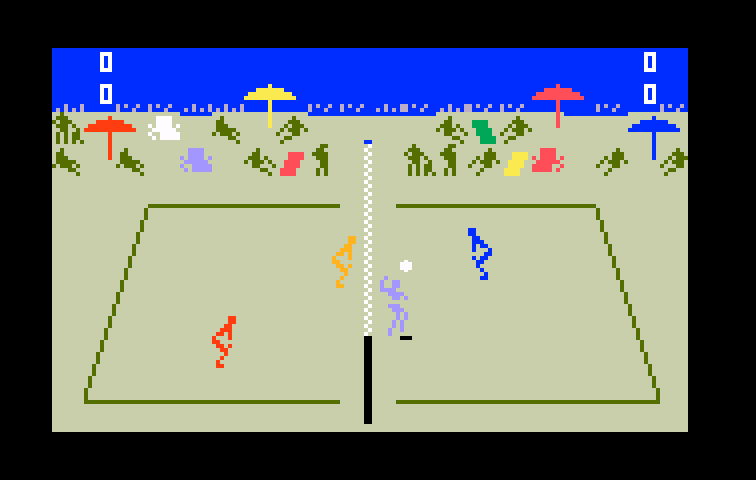Spiker! Super Pro Volleyball Intellivision Screenshot: Player sets the ball to his teammate...