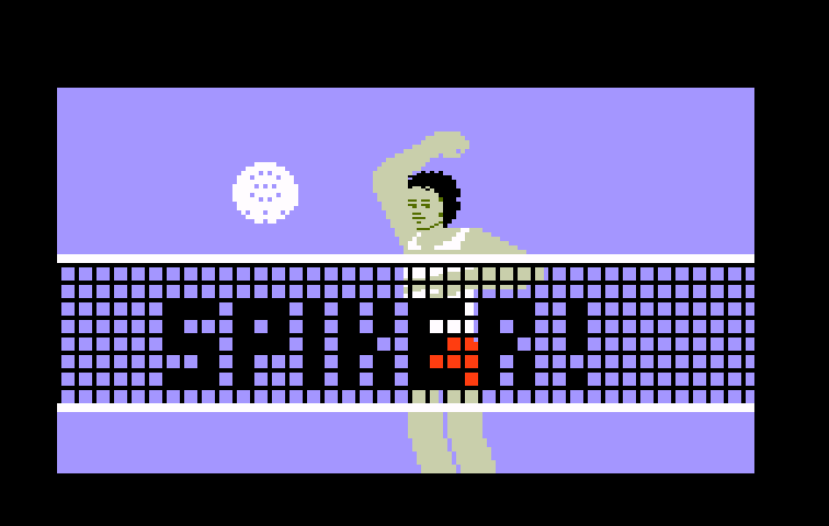Spiker! Super Pro Volleyball Intellivision Screenshot: Spiker! The game title and copyright continuously scrolls across the net...