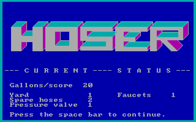 Hoser IBM PC/Compatibles Screenshot: Status after crashing into a wall; each level features a different background color