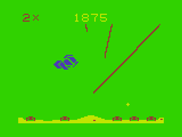 Defense Dragon 32/64 Screenshot: Missiles heading straight towards my cities! (alternate colors).