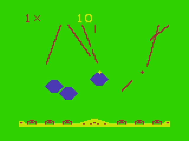 Defense Dragon 32/64 Screenshot: Blast the missiles before cities are destroyed... (alternate colors).