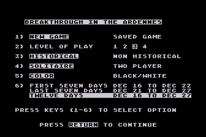 Breakthrough in the Ardennes Atari 8-bit Screenshot: Main menu.