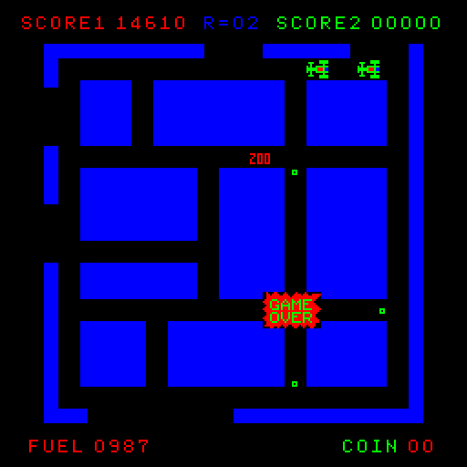 Route 16 Arcade Screenshot: Game over.