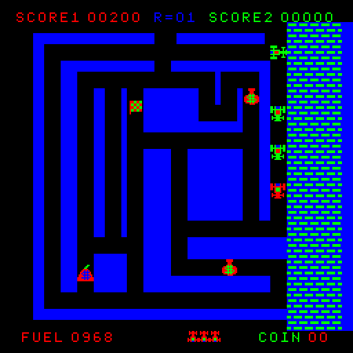 Route 16 Arcade Screenshot: Three cars in pursuit as I try to take the money and run...
