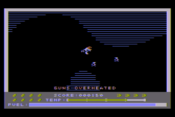 Caverns of Callisto Atari 8-bit Screenshot: Oh no, my guns are overheated!