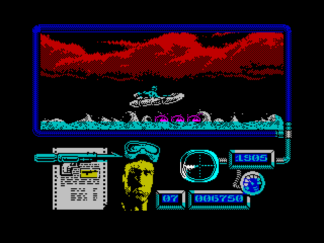 Navy Moves ZX Spectrum Screenshot: Jump over mines in the water.