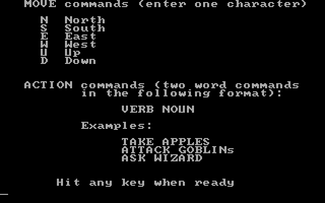 Maiden IBM PC/Compatibles Screenshot: Some commands to move around