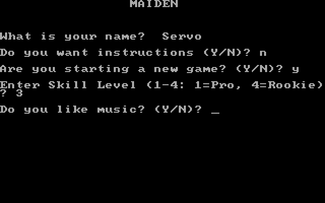 Maiden IBM PC/Compatibles Screenshot: You can choose several options before beginning the game
