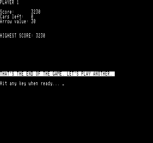 Arrows and Alleys Exidy Sorcerer Screenshot: Game over.