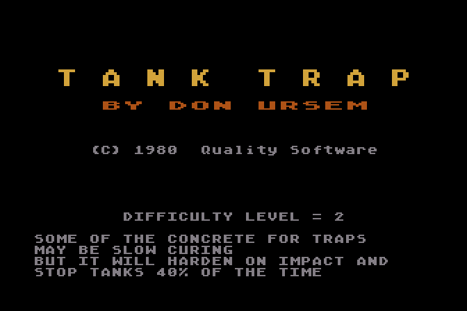 Tank Trap Atari 8-bit Screenshot: Some of the concrete traps may be slow curing...