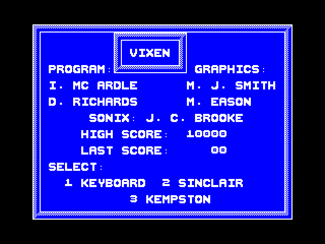 Vixen ZX Spectrum Screenshot: Main menu.