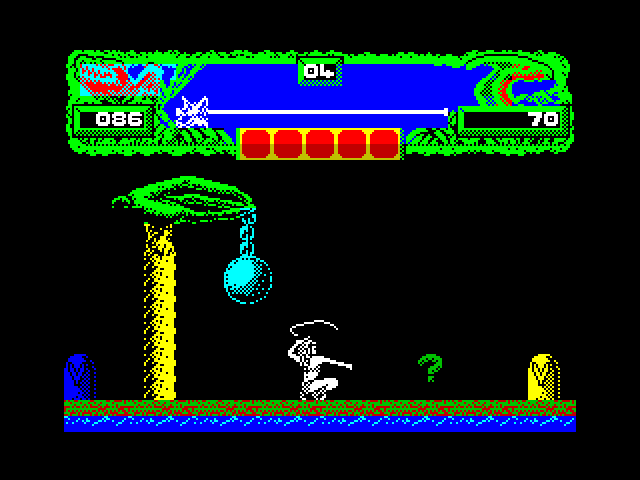 Vixen ZX Spectrum Screenshot: Enemy destroyed, pick up the "?" for a mystery bonus!