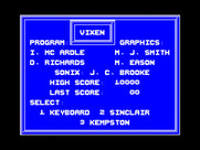 Vixen for ZX Spectrum - Main menu.