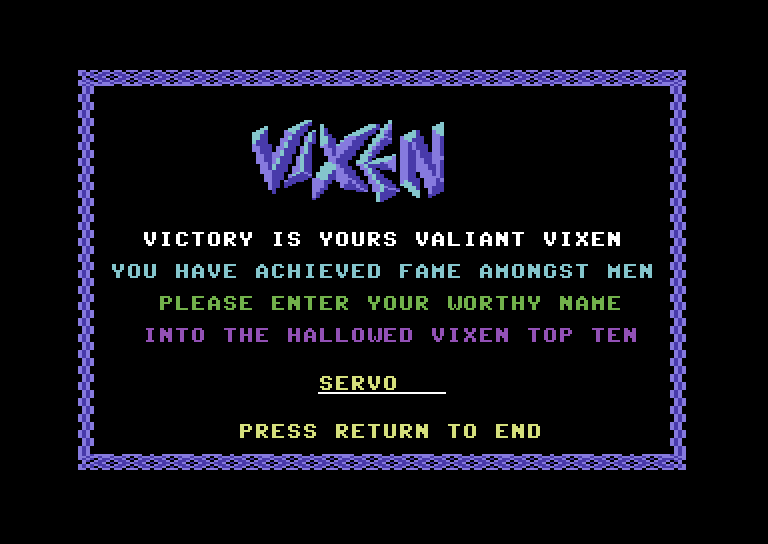 Vixen Commodore 64 Screenshot: Game over; a new high score!