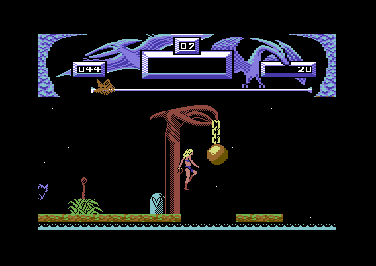 Vixen Commodore 64 Screenshot: Jumping over a gap.