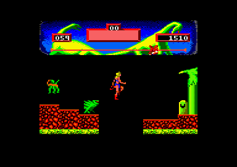 Vixen Amstrad CPC Screenshot: Jumping over some gaps in the platform...