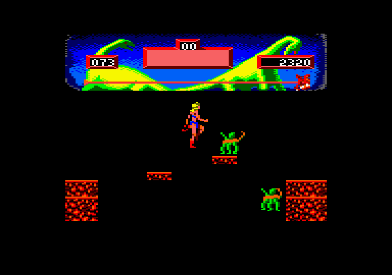 Vixen Amstrad CPC Screenshot: Don't fall off of these narrow platforms...