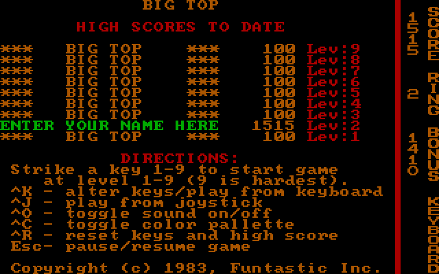 Big Top IBM PC/Compatibles Screenshot: A top score! Enter your name here...