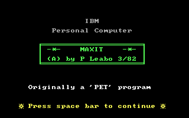 Maxit IBM PC/Compatibles Screenshot: Title screen.