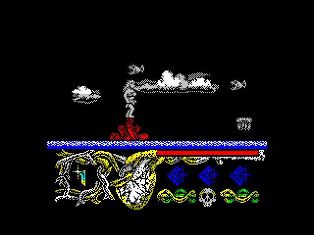 Hundra ZX Spectrum Screenshot: This is tricky; jump on the moving objects to cross safely.
