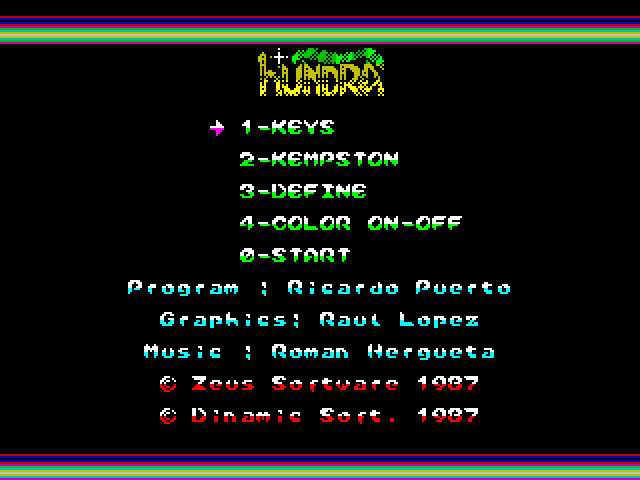 Hundra ZX Spectrum Screenshot: The main menu.