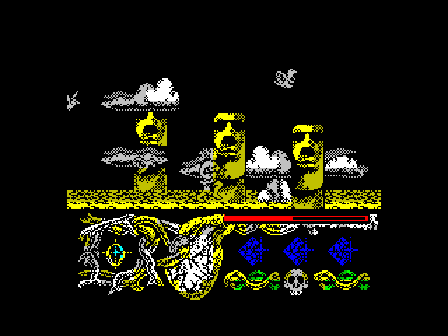 Hundra ZX Spectrum Screenshot: Shoot flying creatures, they drain your energy on contact.